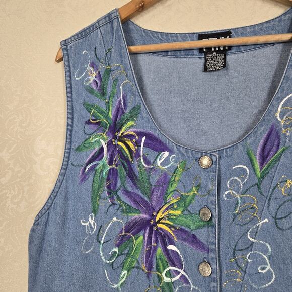 VTG PTNY Denim Jean Midi Dress Jumper XL Blue Cotton Sleeveless Painted Design - Picture 3 of 16